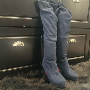Blue over the knee slip on boots red bottoms
